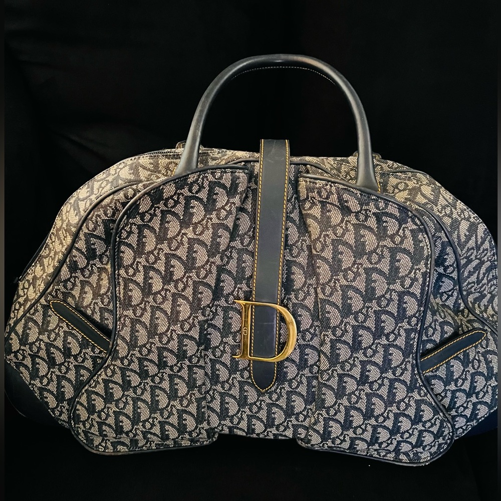 Authentic Christian Dior Navy Trotter Monogram Canvas Double Saddle Bowler Bag
